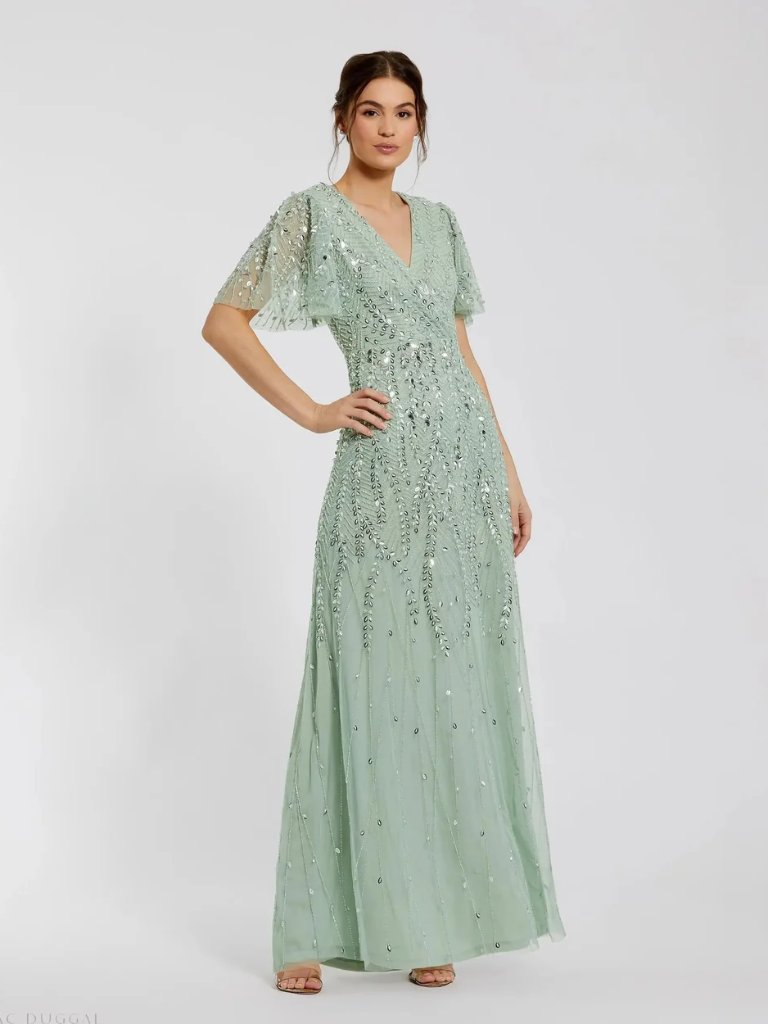 Nwt Mac Duggal Sz 20 Style 35109 Beaded Wrap Over Butterfly Sleeve Column Gown